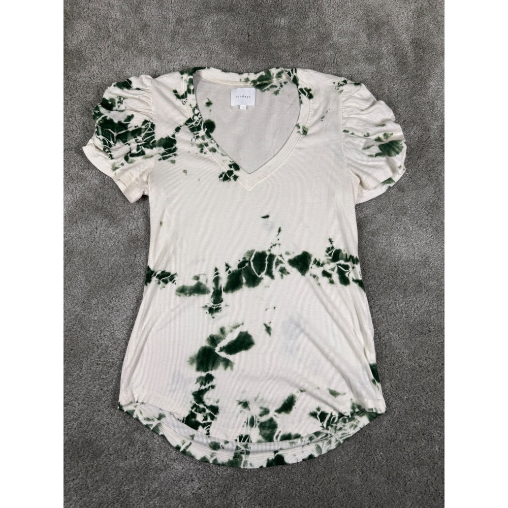 Sundays Green Tie Dye Ribbed Puff Sleeve V-Neck Tee Top Size 2 Made in USA